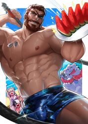  4boys abs absol_(dkqthf) another_eidos-r bara bart_(another_eidos) beard blue_male_swimwear brown_hair bulge camouflage_swimsuit covered_penis eyepatch facial_hair female food fruit glint holding holding_plate holding_sword holding_weapon jewelry large_pectorals lisa_(another_eidos) looking_at_viewer male_focus male_swimwear mature_male multiple_boys muscular muscular_male navel necklace nipples one_eye_covered patty_(another_eidos) pectorals plate short_hair smile solo_focus stomach strongman_waist sweat sword teeth theodor_(another_eidos) thick_eyebrows thick_thighs thighs thorkell_(another_eidos) very_sweaty watermelon watermelon_slice weapon 