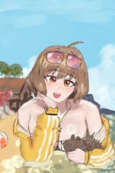  ahoge anis_(nikke) ball bare_shoulders beach_chair beach_umbrella beachball bikini breasts brown_eyes cabin cast_away cloud cloudy_sky eyepatch_bikini eyewear_on_head female fish goddess_of_victory:_nikke hand_on_own_cheek hand_on_own_face jacket jewelry large_breasts necklace non-web_source palm_tree self-upload short_hair sky star_(symbol) stonefish sunglasses swimsuit tree umbrella wilson_(cast_away) yellow_jacket zyrobot 