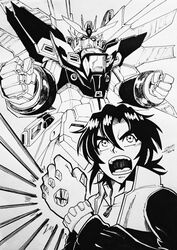  1boy after_war_gundam_x company_connection english_commentary garrod_ran gloves glowing glowing_hand greyscale gundam gundam_double_x hair_between_eyes highres hoshinon ink_(medium) jacket male_focus mecha mechanical_wings monochrome open_mouth parody protected_link robot science_fiction shoulder_cannon style_parody sunrise_(company) traditional_media v-fin white_background wings yuusha_ou_gaogaigar yuusha_series 