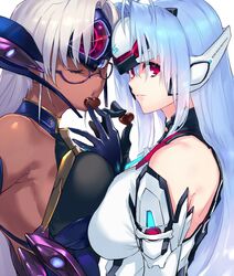  2girls android armpits bare_shoulders blue_eyes blue_hair breast_press breasts candy character_name chocolate cleavage dark-skinned_female dark_skin elbow_gloves english_text expressionless food forehead_protector from_side glasses gloves heart heart-shaped_chocolate kos-mos kos-mos_re: large_breasts long_hair looking_at_viewer looking_to_the_side multiple_girls negresco one_eye_closed red_eyes sidelocks symmetrical_docking t-elos t-elos_re: upper_body valentine very_long_hair white_hair xenoblade_chronicles_(series) xenoblade_chronicles_2 xenosaga xenosaga_episode_iii 