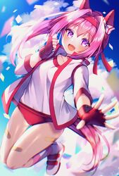  animal_ears bandaid bandaid_on_leg blush buruma collarbone female fingerless_gloves gloves gym_shirt hair_between_eyes hair_intakes haru_urara_(umamusume) headband high_ponytail highres horse_ears horse_girl horse_tail jacket long_hair open_mouth pink_eyes pink_hair red_buruma red_gloves red_headband shirt smile solo tail umamusume white_jacket white_shirt xx_momomo_xx 