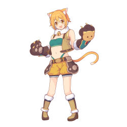  absurdres animal_ear_fluff animal_ears animal_hands bell blonde_hair boots breasts brown_footwear cat_ears cat_girl cat_paws cleavage crop_top female full_body fur-trimmed_boots fur-trimmed_gloves fur_collar fur_trim gloves hair_between_eyes highres hiyori_(princess_connect!) lius neck_bell open_clothes open_vest panty_straps princess_connect! puffy_shorts short_hair shorts simple_background small_breasts solo standing vest white_background yellow_eyes yellow_shorts yellow_vest 