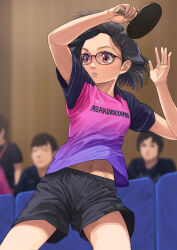  black_hair black_shorts blurry blurry_background breasts brown_eyes female glasses gradient_clothes gradient_shirt hair_ornament hairclip holding_table_tennis_paddle indoors navel original otsu_natsu paddle people shirt short_sleeves shorts small_breasts sportswear table_tennis table_tennis_paddle 