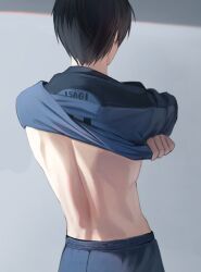  1boy back black_hair blue_lock blue_shirt blue_shorts isagi_yoichi male_focus rorol7865 shirt shorts soccer_uniform solo sportswear undressing 