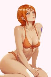  alternate_costume armpit_crease bare_arms bare_legs bare_shoulders bikini blush breasts brown_eyes cleavage feet_out_of_frame female front-tie_bikini_top front-tie_top halterneck heyy_vivii highleg highleg_bikini highres lips looking_up medium_breasts nami_(one_piece) navel one_piece open_mouth orange_bikini orange_hair pink_background pink_lips short_hair shoulder_tattoo sitting solo stomach swimsuit tattoo thighs wariza 