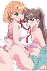  2girls absurdres aqua_jacket aqua_shorts asymmetrical_docking blush breast_press breasts brown_hair commentary_request crossed_bangs dolphin_shorts ereka feet_out_of_frame fujishima_megumi green_eyes hair_ornament hand_on_another&#039;s_back hand_on_another&#039;s_thigh highres hinoshita_kaho jacket jacket_partially_removed kneeling knees_up large_breasts link!_like!_love_live! long_hair love_live! medium_hair midriff mouth_hold multiple_girls orange_hair ponytail purple_eyes rabbit_hair_ornament red_ribbon ribbon shorts simple_background sitting sports_bra sweat two_side_up white_background white_shorts white_sports_bra yuri 