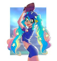  absurdres aqua_eyes aqua_hair baseball_cap baseball_mitt blonde_hair blue_hair blue_hat blue_shirt blue_shorts cowboy_shot cropped_shirt female flower from_side hair_flower hair_ornament hat hatsune_miku highres long_hair looking_at_viewer midriff multicolored_hair print_shirt ramrat red_hair shirt shorts solo star_(symbol) star_hair_ornament twintails venezuela venezuelan_miku_(mulemount) very_long_hair vocaloid yellow_flower 