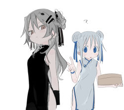  2girls ? agoshi_sakina bamboo_steamer black_ribbon blue_eyes blue_ribbon blush breasts brown_eyes closed_mouth confused cowboy_shot double_bun dress grey_dress grey_hair hair_bun hair_ornament hair_ribbon hairclip half-closed_eyes holding holding_bamboo_steamer kokaki_mumose long_hair looking_at_viewer medium_breasts multiple_girls null-meta ribbon short_hair side_slit simple_background sleeveless sleeveless_dress small_sweatdrop standing takada_shiyuki v white_background wristband 