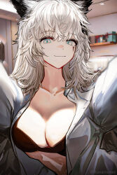  alternate_costume animal_ears arknights black_bra bra breasts close-up closed_mouth collarbone female highres indoors lappland_(arknights) large_breasts long_hair looking_at_viewer open_clothes open_shirt runamonet scar scar_across_eye shirt smile solo underwear white_hair white_shirt wolf_ears wolf_girl 