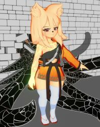  3d_(artwork) anthro asian_clothing black_tentacles clothed_female clothing digital_media_(artwork) east_asian_clothing felid feline female footwear fur heng_(nine_sols) hi_res hibby3d japanese_clothing katana legwear mammal markings melee_weapon neon_lights nine_sols obijime pattern_clothing pupils red_candle_games red_pupils sandals shoes solarian solo sword tan_body tan_ears tan_fur tentacle thigh_highs unfinished weapon whiskers yukata 