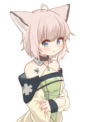  absurdres ahoge animal_ear_fluff animal_ears arknights bare_shoulders blue_eyes blush brown_hair collarbone cosplay dress female fox_ears green_dress highres jacket kal&#039;tsit_(arknights) kal&#039;tsit_(arknights)_(cosplay) long_sleeves looking_at_viewer material_growth off-shoulder_jacket off_shoulder oripathy_lesion_(arknights) parted_lips puffy_long_sleeves puffy_sleeves ryoku_sui see-through see-through_sleeves short_hair simple_background sleeves_past_wrists solo sussurro_(arknights) upper_body white_background white_jacket 