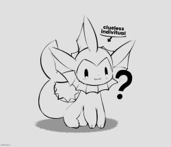  ambiguous_gender eeveelution english_text feral fin generation_1_pokemon monochrome nathan_s nintendo pokemon pokemon_(species) quadruped question_mark sitting smile solo tail tail_fin text vaporeon 