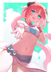  aqua_eyes bikini blush breasts fake_horns female genshin_impact highres horns jewelry kana_ami long_hair looking_at_viewer medium_breasts navel nilou_(genshin_impact) open_mouth red_hair small_breasts smile solo stomach swimsuit veil white_bikini 