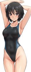  absurdres amagami armpits arms_up ass_visible_through_thighs black_hair black_one-piece_swimsuit bob_cut breasts brown_eyes closed_mouth competition_swimsuit covered_navel cowboy_shot female highleg highleg_one-piece_swimsuit highres legs_together light_smile medium_breasts nanasaki_ai one-piece_swimsuit short_hair simple_background solo swimsuit two-tone_swimsuit white_background yoo_tenchi 