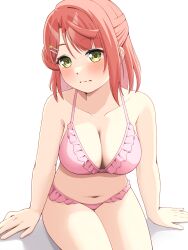  absurdres bikini blunt_bangs blush breasts cleavage collarbone commentary cowboy_shot embarrassed female frilled_bikini frills green_eyes hair_bun hair_ornament hairclip half_updo hand_rest highres large_breasts looking_at_viewer love_live! love_live!_nijigasaki_high_school_idol_club medium_hair navel pink_bikini pink_hair samesuke_(315samesuke) shadow simple_background single_side_bun sitting solo stomach swept_bangs swimsuit thigh_gap uehara_ayumu white_background 