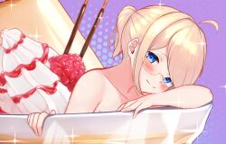  ahoge blonde_hair blue_eyes blush breasts buket_pudding_i closed_mouth collarbone completely_nude female food fruit glasses highres looking_at_viewer mole mole_on_breast nude original pocky ponytail pudding raspberry semi-rimless_eyewear smile solo sparkle whipped_cream white-framed_eyewear 