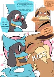  after_transformation blush duo eevee eeveelution english_text female feral gender_transformation generation_1_pokemon generation_4_pokemon heart_symbol hi_res kissing male male/female mane nervous nintendo oshoku_momiji pokemon pokemon_(species) pokemon_mystery_dungeon profanity riolu simple_background sound_effects speech_bubble spike_chunsoft tail tail_motion tailwag text transformation white_background 