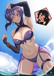  2girls absurdres arm_up armpits ass_visible_through_thighs bandeau bare_shoulders bikini black_bikini black_hair blood blue_sky breasts chibi cleavage cloud commission day detached_sleeves earrings english_commentary fire_emblem fire_emblem:_the_blazing_blade fire_emblem_heroes highres hoop_earrings ihsnet jewelry large_breasts long_sleeves multiple_girls navel nosebleed official_alternate_costume purple_bikini purple_eyes purple_hair short_hair sky sonia_(fire_emblem:_the_blazing_blade) standing stomach swimsuit thigh_strap thighs ursula_(fire_emblem) ursula_(summer)_(fire_emblem) wading water yuri 