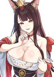  absurdres akagi_(azur_lane) akagi_(dawn_phoenix&#039;s_summons)_(azur_lane) animal_ears azur_lane bare_shoulders black_sash brown_hair bust_cup female fox_girl hair_ornament highres japanese_clothes kang_jian kimono long_hair looking_at_viewer official_alternate_costume paizuri_invitation pouring pouring_onto_self red_eyes red_kimono sash simple_background solo upper_body wakamezake wide_sleeves 