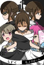  3girls ahoge amatume111 asymmetrical_hair bare_arms bare_shoulders belt black_belt black_bow black_dress black_gloves blue_eyes blue_hoodie blunt_bangs blush bob_cut bow bow_hairband brown_hair cardigan choker clothes_lift collarbone collared_shirt dress drop_earrings dual_persona earrings evening_gown gloves grey_hair hair_between_eyes hairband hairbow half_updo highres holding holding_notebook hood hoodie jewelry lace lace_gloves large_bow long_hair love_live! love_live!_nijigasaki_high_school_idol_club multicolored_clothes multiple_girls nakasu_kasumi necklace nijigasaki_school_uniform notebook off-shoulder_dress off_shoulder open_mouth osaka_shizuku pink_hair red_eyes rina-chan_board school_uniform shirt short_hair sketchbook skirt skirt_lift sleeveless sleeveless_dress solitude_rain_(love_live!) sweater_vest tennoji_rina translation_request two-tone_dress vest white_bow white_dress white_shirt white_sweater_vest yellow_bow 