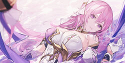  absurdres bangs bare_shoulders breasts cleavage detached_sleeves dress elysia_(honkai_impact) fanshu female gloves hair_ornament hair_ribbon highres honkai_(series) honkai_impact_3rd large_breasts long_hair looking_at_viewer lying on_back pink_hair purple_eyes ribbon solo very_long_hair white_dress white_gloves 