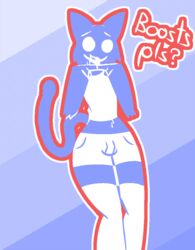  anthro anthrofied arm_tuft blue_body blue_fur bottomwear bulge clothing clyde_(discord) dakuterooty discord_(app) dithering domestic_cat elbow_tuft felid feline felis femboy footwear fur hotpants knee_highs legwear lineless male mammal outline pockets shorts simple_background socks solo tuft white_clothing 