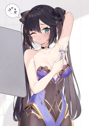  &gt;_&lt; ;&lt; aqua_eyes arm_behind_head arm_up armpit_crease armpits bare_arms bare_shoulders black_choker black_hair black_ribbon blush bodystocking breasts brown_pantyhose choker cleavage collarbone female foam genshin_impact gold_trim green_eyes groin hair_between_eyes hair_ribbon highres indoors leotard long_hair looking_at_viewer mona_(genshin_impact) no_headwear one_eye_closed pantyhose purple_leotard raised_eyebrows razor ribbon safety_razor shaving shaving_armpit shaving_cream small_breasts solo speech_bubble spoken_expression standing star_(symbol) star_choker strapless strapless_leotard twintails upper_body very_long_hair yuia 