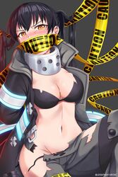  arms_behind_back baggy_pants bikini bikini_top_only black_bikini black_coat black_hair blush bound bound_wrists breasts caution_tape cleavage coat commentary covered_mouth en&#039;en_no_shouboutai female gag grey_background grey_pants groin hair_between_eyes highres hip_vent large_breasts long_hair long_sleeves looking_at_viewer midriff navel nose_blush open_clothes open_coat orange_eyes pants restrained seraphim_throne sidelocks simple_background sitting solo sweat swimsuit tamaki_kotatsu tears torn_bikini torn_clothes torn_pants twintails twitter_username visor_(armor) 