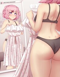  absurdres artist_name ass bare_shoulders black_bra black_panties blush bra commentary cowboy_shot dimples_of_venus doki_doki_literature_club dress english_commentary female from_behind hair_ornament hair_ribbon hairclip highres holding holding_clothes holding_dress indoors mirror mixed-language_commentary natsuki_(doki_doki_literature_club) panties patreon_logo patreon_username pink_eyes pink_hair raion_(raionart) ribbon shiny_skin short_hair solo two_side_up underwear underwear_only unworn_dress web_address white_dress 