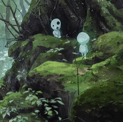  :o flower ghost hollow_eyes kodama looking_at_another mononoke_hime no_humans outdoors reengirl rock sitting standing tree 