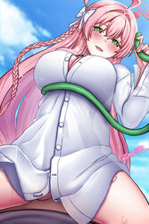  ahoge blue_archive blue_sky bow braid breasts cloud day female green_eyes hairbow hanako_(blue_archive) hanako_(swimsuit)_(blue_archive) highres holding holding_hose hose large_breasts long_hair looking_at_viewer official_alternate_costume open_mouth outdoors pink_hair shirt single_braid sky smile solo white_bow white_shirt zero130 