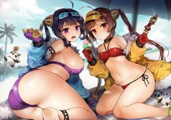  2girls ahoge ass azur_lane bare_shoulders bikini black_hair blush breasts brown_hair closed_mouth commentary_request day eyewear_on_head food fur-trimmed_jacket fur_trim gijang gloves hair_rings halterneck holding holding_food jacket large_breasts long_hair looking_at_viewer multiple_girls navel ning_hai_(azur_lane) ning_hai_(summer_hunger)_(azur_lane) official_alternate_costume open_mouth outdoors ping_hai_(azur_lane) ping_hai_(summer_vacation)_(azur_lane) purple_bikini purple_eyes purple_gloves red_bikini red_eyes red_gloves side-tie_bikini_bottom small_breasts sweat swimsuit thighs twintails very_long_hair visor_cap 