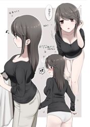  !? ^^^ ass bare_legs black_shirt blush breasts brown_hair cleavage closed_mouth collarbone commentary_request cowboy_shot female from_behind grey_background hair_between_eyes highres humming ikari_manatsu kurai_ano_ko_to_shitai_koto leaning_forward long_hair looking_at_viewer medium_breasts motion_lines multiple_views musical_note open_mouth outline panties pants profile red_eyes sasaki_touko shirt simple_background sleepy smile speech_bubble standing straight_hair surprised sweatdrop swept_bangs t-shirt thighs translated underwear white_panties white_pants 