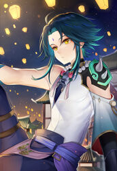  1boy absurdres bad_id bad_pixiv_id bead_necklace beads commentary detached_sleeves genshin_impact green_hair highres ion_(on01e) jewelry lantern lantern_festival looking_at_viewer male_focus necklace night night_sky paper_lantern parted_lips short_hair single_bare_shoulder single_detached_sleeve sky sky_lantern solo xiao_(genshin_impact) yellow_eyes 