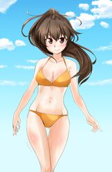  abimaru_gup bikini blue_sky blush breasts brown_eyes brown_hair cleavage closed_mouth cloud cloudy_sky commentary_request day extra female girls_und_panzer highres itsumi_erika&#039;s_loader long_hair looking_at_viewer medium_breasts navel one-hour_drawing_challenge orange_bikini outdoors ponytail skindentation sky smile solo standing swimsuit thigh_gap twitter_username wind 