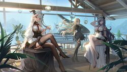  3girls absurdly_long_hair absurdres aegir_(azur_lane) alternate_costume apron arm_behind_head artist_name ass asymmetrical_clothes august_von_parseval_(azur_lane) august_von_parseval_(the_conquered_unhulde)_(azur_lane) azur_lane bare_shoulders between_breasts bismarck_(azur_lane) bismarck_(iron_black_elysium)_(azur_lane) black_bow black_dress black_footwear black_gloves black_horns black_skirt black_thighhighs blonde_hair blue_eyes bodystocking boots bow breasts brown_thighhighs chromatic_aberration cross cross-laced_clothes cross_earrings crossed_legs curled_horns demon_horns dress earrings enmaided eyes_visible_through_hair floating_hair frilled_apron frills full_body garter_straps gem gloves grand_piano hair_between_eyes hair_over_one_eye hairbow heart high_heel_boots high_heels highres horns indoors instrument iron_cross jewelry koala-mitsuri lace-trimmed_legwear lace_trim lamp large_breasts long_hair looking_at_viewer maid maid_headdress mechanical_horns medium_breasts miniskirt mountainous_horizon multicolored_hair multiple_girls official_alternate_costume one_eye_covered orange_eyes piano plant potted_plant puffy_sleeves purple_eyes purple_hair red_gemstone red_hair reflection round_table scenery shadow shoes short_dress short_sleeves single_bare_shoulder sitting skin_tight skirt sleeveless sleeveless_dress standing strap_between_breasts streaked_hair table thigh_boots thigh_strap thighhighs two-tone_dress two-tone_hair underbust very_long_hair white_apron white_dress white_garter_straps white_hair white_thighhighs window wooden_floor 