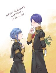  1boy bad_id bad_pixiv_id blue_hair blush bouquet braid character_name closed_eyes crown_braid epaulettes female fire_emblem fire_emblem:_three_houses flower garreg_mach_monastery_uniform happy_birthday holding holding_behind_back leaf lorenz_hellman_gloucester marianne_von_edmund open_mouth profile purple_hair rose surume_(surumeme_22) 