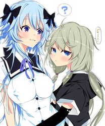  2girls :3 ? ahoge arms_at_sides assault_lily bad_id bad_twitter_id black_bow black_jacket black_sailor_collar blue_eyes blue_hair blush bow braid breasts buttons closed_mouth commentary_request covered_nipples detached_sleeves fang_out grey_hair hair_between_eyes hairbow highres hood hood_down hooded_jacket hug jacket kanabako_misora kikikaikai_(kikikaikai_chan) long_hair long_sleeves looking_at_another looking_at_viewer looking_to_the_side low_twintails medium_breasts mori_tatsuki multiple_girls neck_ribbon oerba_yun_fang purple_eyes purple_ribbon ribbon sailor_collar school_uniform serafuku shirt short_sleeves side-by-side sidelocks simple_background smile spoken_question_mark standing translated twin_braids twintails upper_body v-shaped_eyebrows very_long_hair white_background white_shirt wide_sleeves yurigaoka_girls_academy_school_uniform 