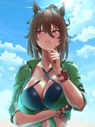  absurdres agnes_tachyon_(lunatic_lab)_(umamusume) agnes_tachyon_(umamusume) animal_ears arm_strap arm_under_breasts bikini black_bikini blue_sky bracelet breast_hold breasts brown_hair cleavage cloud cloudy_sky commentary_request criss-cross_halter ear_ornament female green_shirt halterneck highres horse_ears horse_girl jewelry large_breasts official_alternate_costume official_alternate_hairstyle open_clothes open_shirt outdoors red_eyes shirt short_hair sky sleeves_rolled_up solo swimsuit tied_shirt umamusume upper_body yesman_(cvbnyesman) 