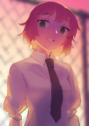  amputee armless_amputee backlighting black_necktie blouse boa_(brianoa) breasts chain-link_fence collared_shirt double_amputee female fence green_eyes grin head_tilt highres katawa_shoujo necktie parted_lips raised_eyebrows red_hair school_uniform shirt short_hair sleeve_tied_shut small_breasts smile tezuka_rin tied_sleeves tsurime upper_body white_shirt yamaku_high_school_uniform 