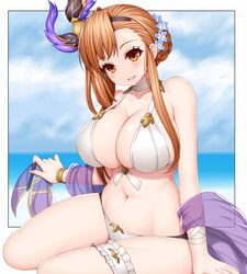  :d arm_support asamura_hiori asymmetrical_bangs bare_shoulders bikini black_border blush border bracelet breasts brown_eyes brown_hair choker cloud cloudy_sky collarbone commentary_request female flower full_body granblue_fantasy hair_bun hair_flower hair_ornament hairband head_tilt highres holding_shawl horizon huge_breasts jewelry looking_at_viewer midriff navel ocean official_alternate_costume open_mouth outside_border purple_shawl see-through see-through_shawl shawl sidelocks single_hair_bun sitting sky smile solo swimsuit thigh_strap tweyen_(eternal&#039;s_summer_vacation)_(granblue_fantasy) tweyen_(granblue_fantasy) white_background white_bikini white_choker yokozuwari 