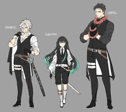  3boys alternate_costume aqua_hair bead_bracelet bead_necklace beads belt black_footwear black_gloves black_hair black_necktie black_pants black_shirt black_vest bracelet character_name closed_mouth gloves grey_background grey_hair grey_legwear grin hair_between_eyes highres himejima_gyoumei jewelry katana kimetsu_no_yaiba kneehighs long_hair male_focus multicolored_hair multiple_boys necklace necktie pants papajay_(jennygin2) scar scar_on_arm scar_on_cheek scar_on_chest scar_on_face scar_on_forehead sheath sheathed shinazugawa_sanemi shirt smile socks sword tokitou_muichirou undercut vest weapon white_footwear white_shirt 