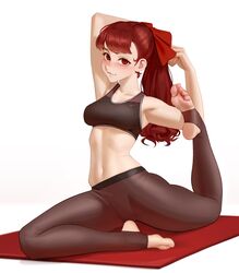  bare_arms bare_shoulders black_sports_bra breasts brown_pantyhose commentary dark_red_hair english_commentary feet female flexible full_body hair_ribbon highres kairunoburogu legs long_hair looking_at_viewer medium_breasts midriff navel no_shoes pants pantyhose persona persona_5 persona_5_the_royal pigeon_pose ponytail red_eyes red_hair red_ribbon ribbon simple_background smile soles solo sports_bra stirrup_legwear stomach toeless_legwear toes variant_set white_background yoga yoga_mat yoga_pants yoshizawa_kasumi 