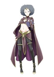  advance_wars afro automatic_giraffe black_hair book breasts bridal_gauntlets cape company_connection crossover dark_mage_(fire_emblem_fates) female fire_emblem lash_(advance_wars) looking_at_viewer midriff navel pantyhose simple_background small_breasts solo standing white_background 