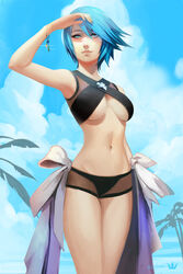  absurdres aqua_(kingdom_hearts) beach bikini blue_eyes blue_hair bracelet breasts female hand_over_eye highres jewelry kingdom_hearts kingdom_hearts_birth_by_sleep navel nikusenpai palm_tree short_hair sigil smile sunlight swimsuit tree underboob 