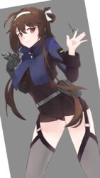  \||/ absurdres ahoge android asymmetrical_sleeves belt_pouch black_gloves black_leotard blue_jacket breasts brown_hair closed_mouth contrapposto cowboy_shot cropped_jacket dated_commentary dutch_angle explosive eyelashes female folded_hair garter_straps girls&#039;_frontline gloves grenade grenade_pin grey_background grey_thighhighs hair_ribbon hands_up highres holding holding_grenade jacket joints large_breasts leotard light_smile looking_at_viewer mechanical_arms nabiyan navel pouch red_eyes ribbon robot_joints short_hair_with_long_locks simple_background single_mechanical_arm solo thighhighs thighs tied_hair type_79_(girls&#039;_frontline) white_ribbon 