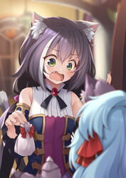  2girls animal_ear_fluff animal_ears bare_shoulders black_hair blurry blurry_background blurry_foreground blush breasts cat_ears cat_girl cat_tail commentary depth_of_field detached_sleeves dress duplicate gem green_eyes hair_between_eyes hair_ribbon hands_up holding karyl_(princess_connect!) long_hair long_sleeves looking_at_another miyako_(princess_connect!) mofu_namako multicolored_hair multiple_girls oerba_yun_fang open_mouth pixel-perfect_duplicate princess_connect! red_ribbon ribbon shirt sleeveless sleeveless_dress sleeveless_shirt small_breasts solo_focus streaked_hair tail tearing_up white_hair wolf_ears 