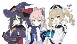  3girls :d bad_id bad_twitter_id barbara_(genshin_impact) bare_shoulders black_bow black_gloves black_hair blue_bow blue_capelet blue_hair blue_headwear blue_horns blue_kimono blue_leotard blush book bow bow-shaped_hair capelet closed_mouth colored_tips crescent crescent_hat_ornament detached_sleeves dress freenote_mr frilled_sleeves frills fur_collar genshin_impact gloves gold_trim half_gloves hand_up hat hat_bow hat_ornament high_ponytail holding holding_book horns japanese_clothes kimono leotard long_sleeves looking_at_another mona_(genshin_impact) multicolored_hair multiple_girls notice_lines off-shoulder_dress off_shoulder open_mouth pink_hair puffy_long_sleeves puffy_sleeves sangonomiya_kokomi sleeve_cuffs smile star_(symbol) star_hat_ornament twintails vision_(genshin_impact) wave_print white_dress white_gloves white_headwear wide_sleeves witch_hat 