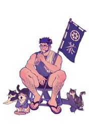  1boy animal_ears banner bara bare_shoulders beard bespectacled black_male_underwear boxers cat_boy cat_ears cat_tail drinking facial_hair feline fish_in_mouth full_body glasses highres kuroshima_kurishiro_(muyi24108414) leg_hair looking_to_the_side male_focus male_underwear mature_male moustache multiple_cats muscular muscular_male original purple_tank_top sandals short_hair sitting solo stretching tail tank_top thick_eyebrows thighs undercut underwear yawning 