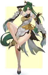  absurdres arm_behind_head artist_name bare_legs breasts china_dress chinese_clothes claw_ring commentary cosplay dress earrings elbow_gloves female fire_emblem fire_emblem:_the_blazing_blade fire_emblem_heroes full_body fur_trim genshin_impact gloves green_eyes green_hair hair_ornament hand_up highres jewelry lips long_hair looking_at_viewer lyn_(fire_emblem) medium_breasts ningguang_(genshin_impact) ningguang_(genshin_impact)_(cosplay) parted_lips ponytail ritence shoes simple_background smile solo thighs very_long_hair watermark 